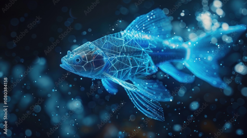 Abstract digital rendering of a fish with glowing lines and particles in a dark background. Abstract digital rendering of a fish with glowing lines and particles in a dark background.
