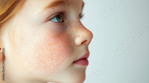 Detailed shot of a childe cheek with eczema, clean background, natural light, photo