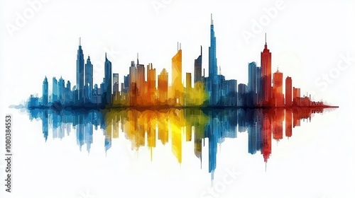 Vibrant City Skyline Reflection in Colorful Watercolor Style with Abstract Design and Modern Architecture Elements Celebrating Urban Life and Creativity