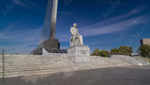 Statue of Konstantin Tsiolkovsky, the precursor of astronautics timelapse hyperlapse in Moscow, Russia photo