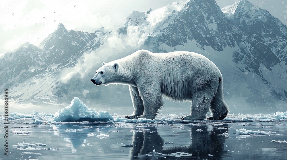 A majestic polar bear on a floating ice floe, perfect for winter-themed designs, conservation awareness campaigns, or holiday cards evoking wildlife beauty in serene nature. A majestic polar bear on a floating ice floe, perfect for winter-themed designs, conservation awareness campaigns, or holiday cards evoking wildlife beauty in serene nature.