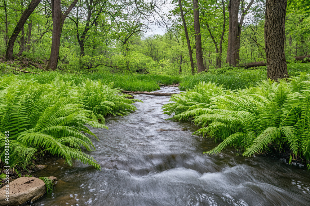 Fototapeta premium Wild ferns growing along the edge of a forest stream