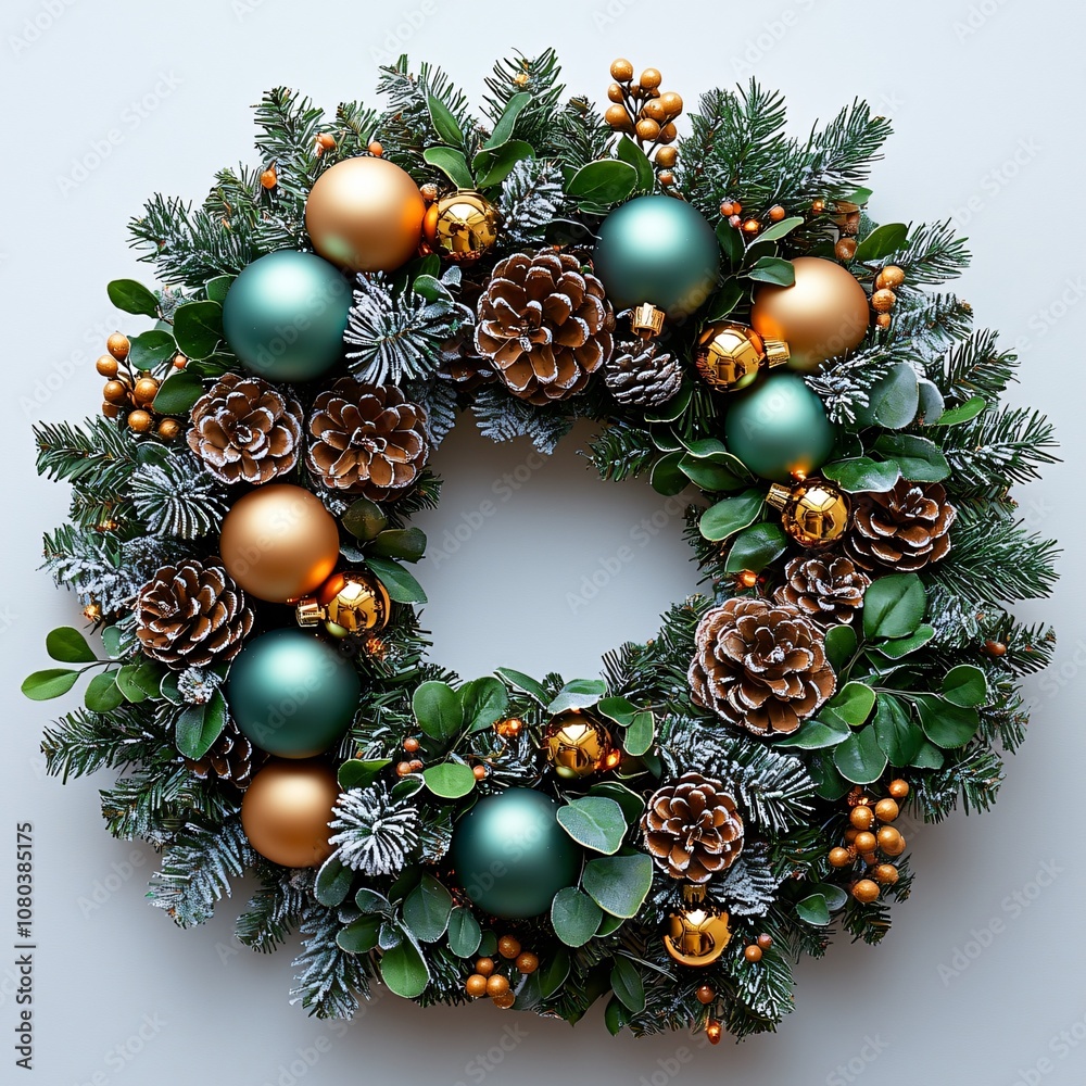 A photorealistic Christmas wreath featuring frosted evergreen, pine cones, and golden ornaments, ideal for festive promotions, holiday cards, or cozy winter décor. A photorealistic Christmas wreath featuring frosted evergreen, pine cones, and golden ornaments, ideal for festive promotions, holiday cards, or cozy winter décor.