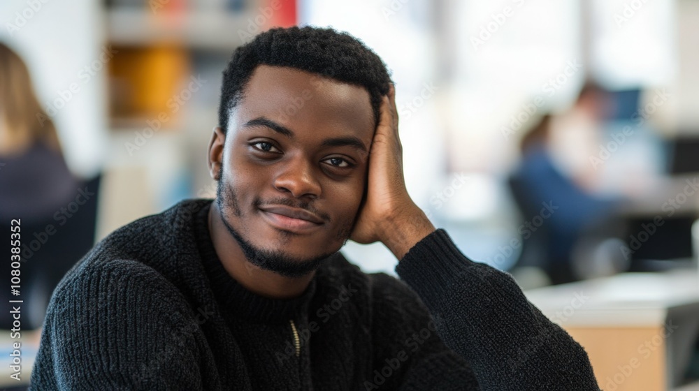 Young man with dark skin holding his head with one hand, seated at a desk in a modern office, background blurred with daylight streaming in Young man with dark skin holding his head with one hand, seated at a desk in a modern office, background blurred with daylight streaming in
