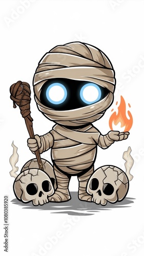 Cartoon Mummy Character with Fire Stick and Skulls Generative AI photo