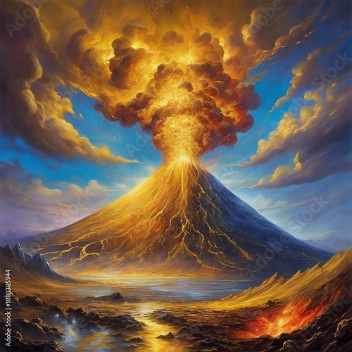 volcano with golden lava, powerful symbol of transformation