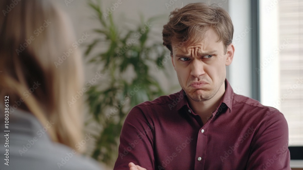 displeased man in a maroon shirt actively talking with a colleague in a modern office, soft daylight displeased man in a maroon shirt actively talking with a colleague in a modern office, soft daylight