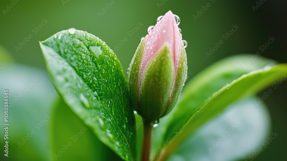 Close-Up Capture of a Budding Flower with Dew Drops on Green Leaves, Showcasing Nature's Beauty and Intricate Details of Springtime Growth Close-Up Capture of a Budding Flower with Dew Drops on Green Leaves, Showcasing Nature's Beauty and Intricate Details of Springtime Growth