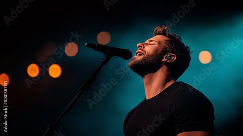 man passionately singing into microphone on stage, illuminated by colorful lights, creating energetic atmosphere that captivates audience.