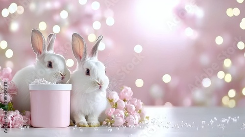 Cute fluffy rabbits with adorable ears sitting beside a pink container surrounded by delicate flowers and soft bokeh lights in a pastel-themed setting