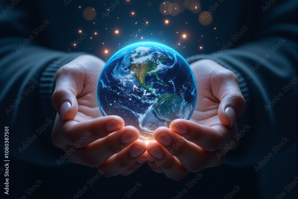 Hands Holding Earth Globe with Glowing Lights