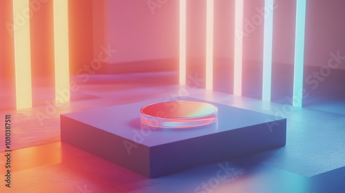 A futuristic scene with a glowing circular object on a pedestal, surrounded by colorful light beams.