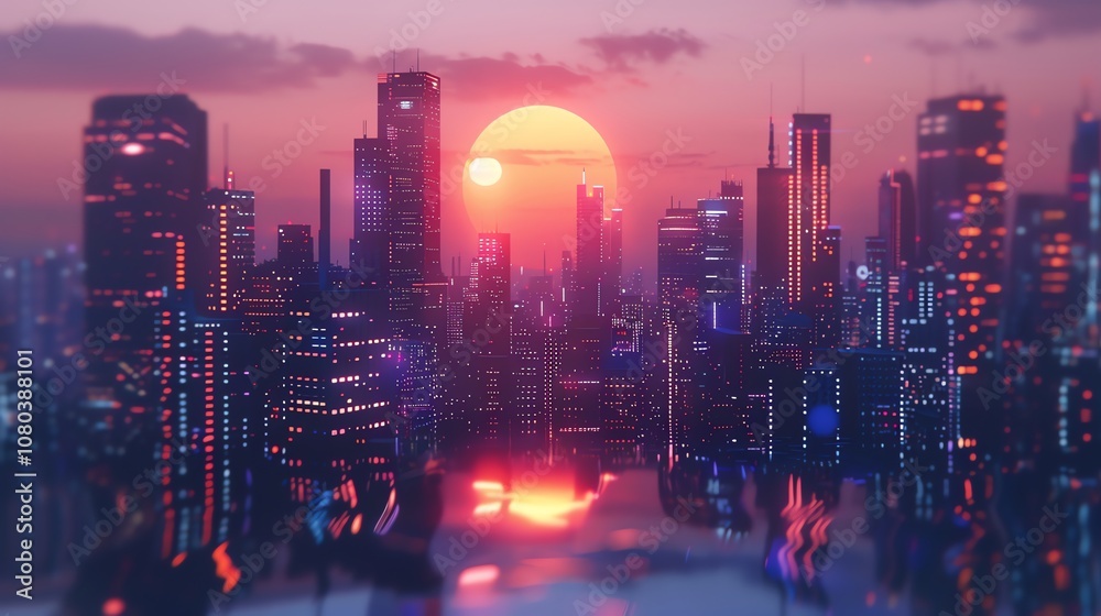 Obraz premium A retrofuturistic city at sunset with neon lights and a large, glowing sun in the background.