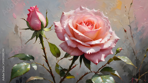 Pink rose flower oil paiting water color photo