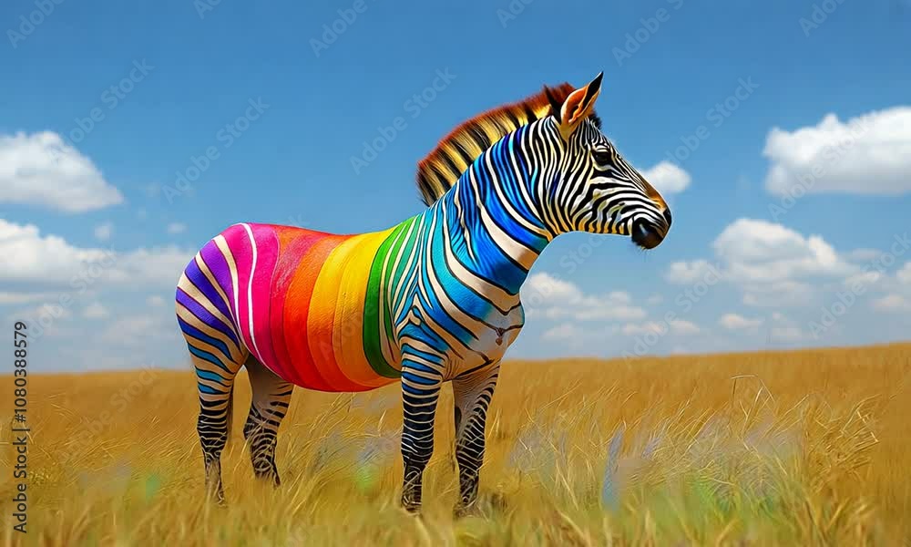Colorful rainbow zebra in the wild 