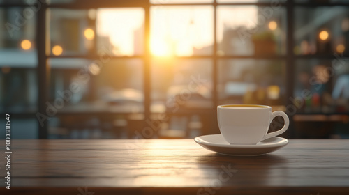 warm cup of coffee sits on wooden table, illuminated by soft sunlight streaming through window, creating cozy atmosphere.