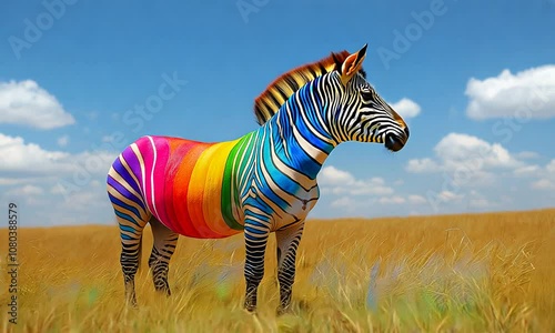 Colorful rainbow zebra in the wild 