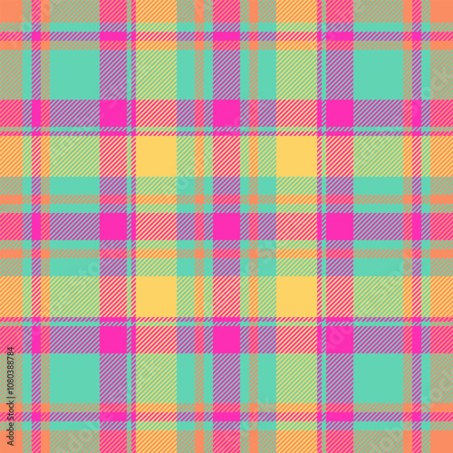 Tracery textile plaid seamless, cross check fabric tartan. Bandanna pattern background vector texture in teal and pink colors.