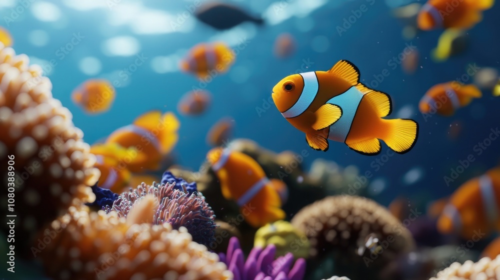 Fototapeta premium Colorful Underwater Scene Featuring Vibrant Clownfish Swimming Among Coral Reefs and Other Tropical Fish in a Lively Marine Environment