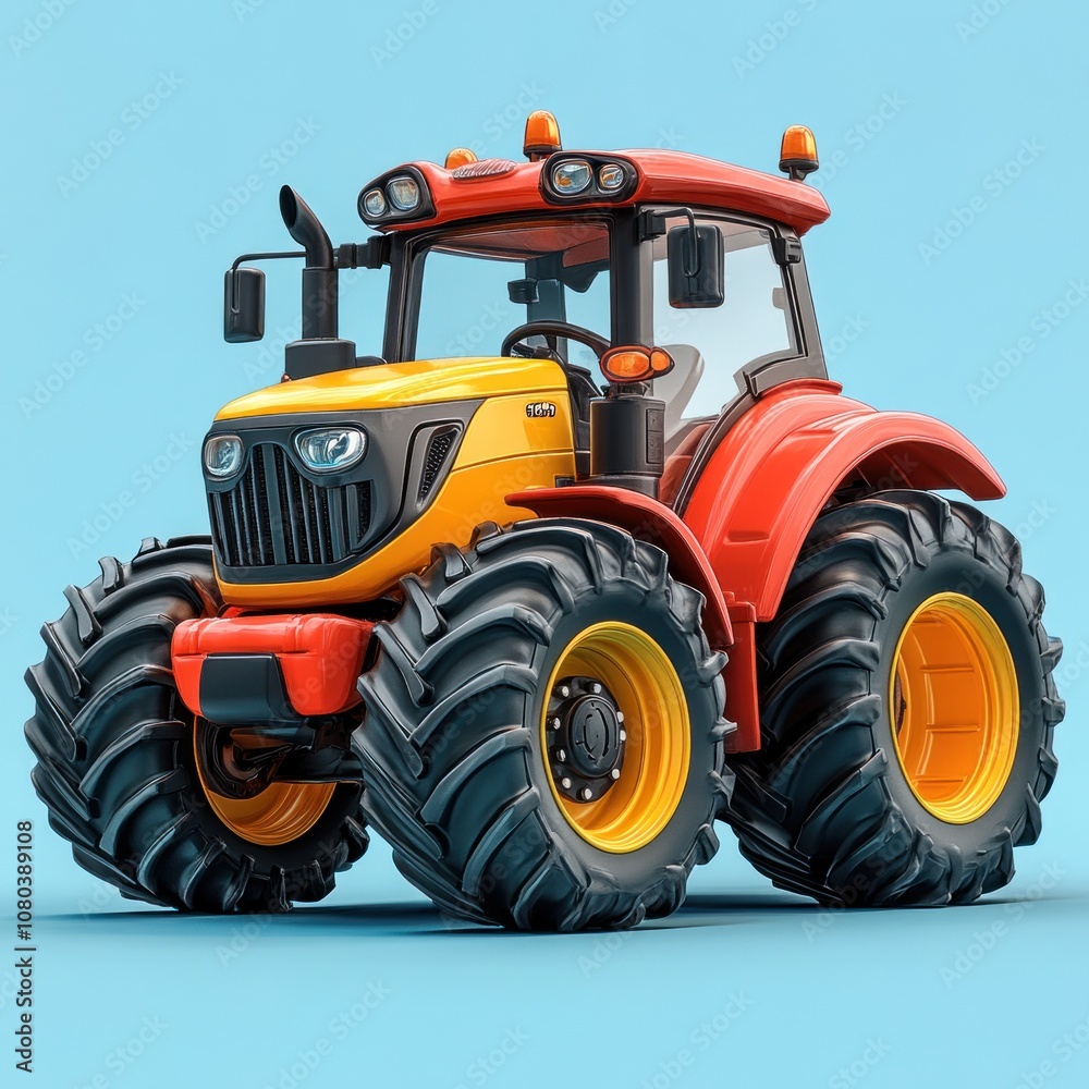 Obraz premium Red and yellow tractor with large wheels on blue background.