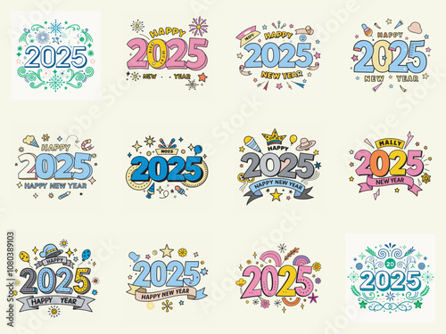 Happy New Year 2025: Colorful and festive typography designs.