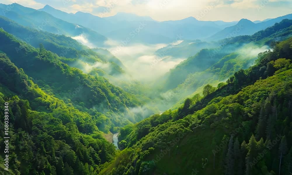 River flowing through the lush green hills, clouds in the sky, aerial view River flowing through the lush green hills, clouds in the sky, aerial view
