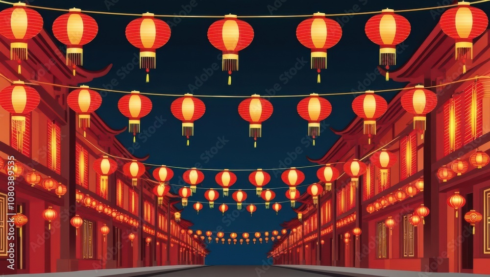 Lunar new year celebration. A vibrant street scene illuminated by red lanterns, set against a dark sky, evoking festive celebrations and traditional architecture. Lunar new year celebration. A vibrant street scene illuminated by red lanterns, set against a dark sky, evoking festive celebrations and traditional architecture.