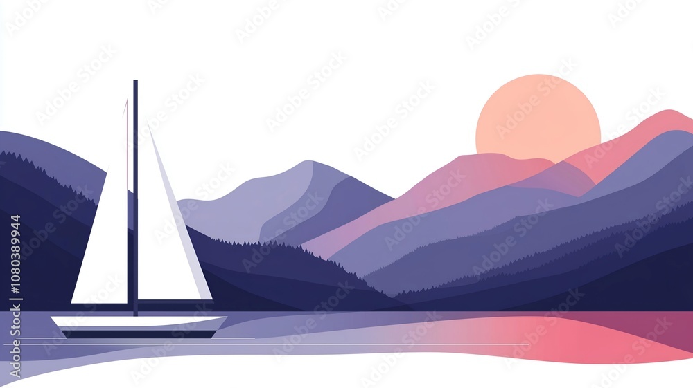 Naklejka premium vector style sailing boat on the lake, desktop wallpaper design background 