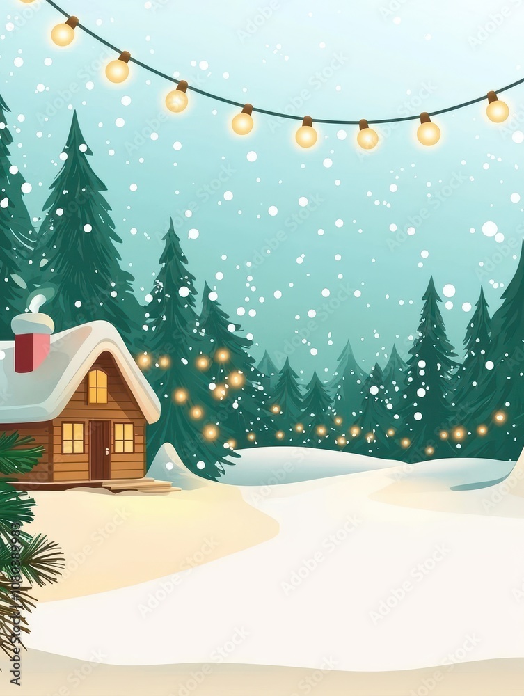 Fototapeta premium Cozy Winter Cabin Scene with Snow, Christmas Lights, and Evergreen Trees Under a Clear Sky Perfect for Holiday Celebrations and Seasonal Designs