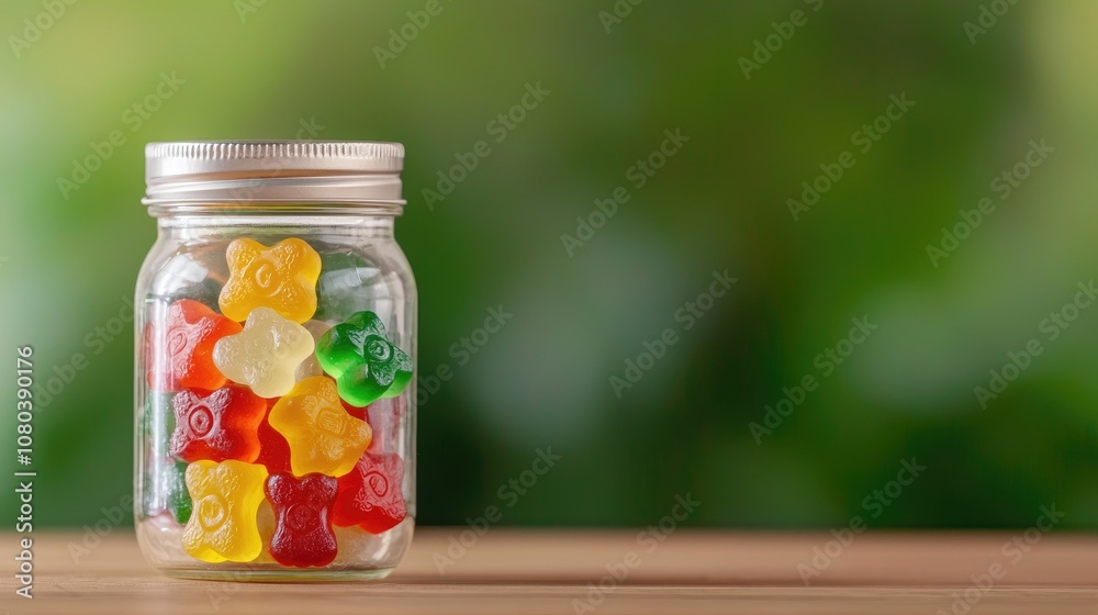 Colorful gummy bears in a glass jar on a wooden surface, with blurred green background creating a cheerful and vibrant atmosphere for a playful treat theme Colorful gummy bears in a glass jar on a wooden surface, with blurred green background creating a cheerful and vibrant atmosphere for a playful treat theme