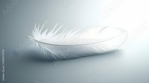 A Single White Feather Rests Gently on a Soft, Light Blue Background, Illuminated by a Subtle Light Source, Creating a Serene and Peaceful Atmosphere.