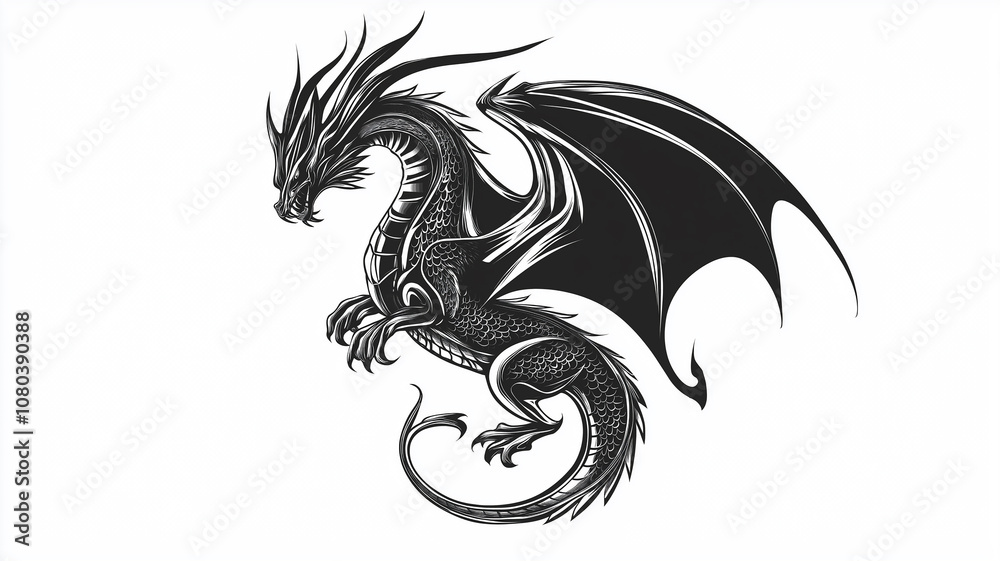 Black and white dragon tattoo, white isolated Black and white dragon tattoo, white isolated