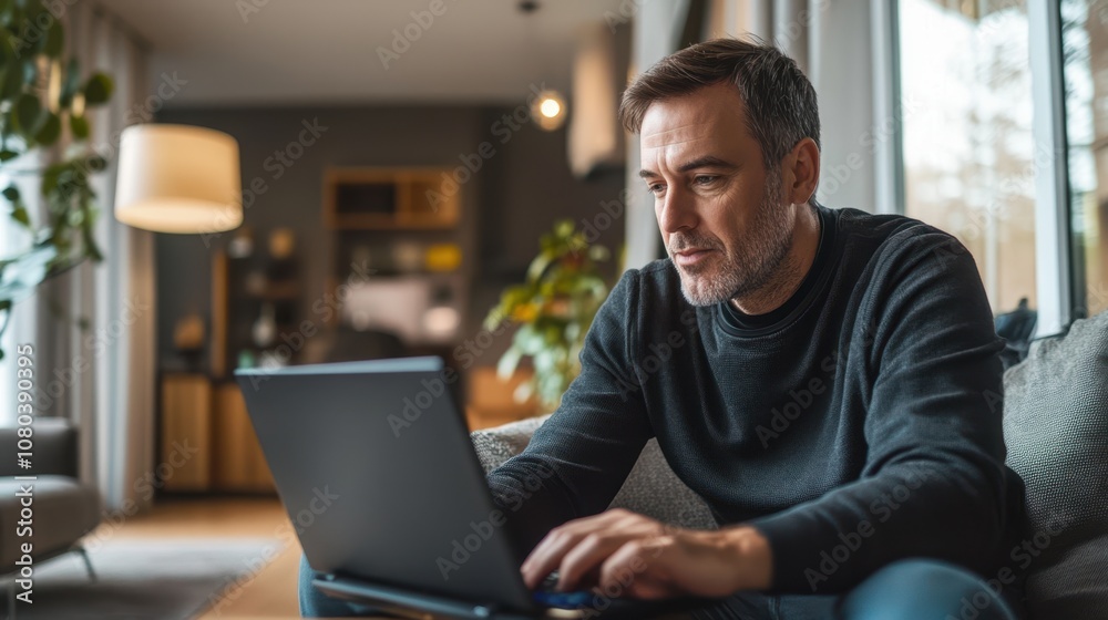 The Man Using Laptop Comfortably The Man Using Laptop Comfortably