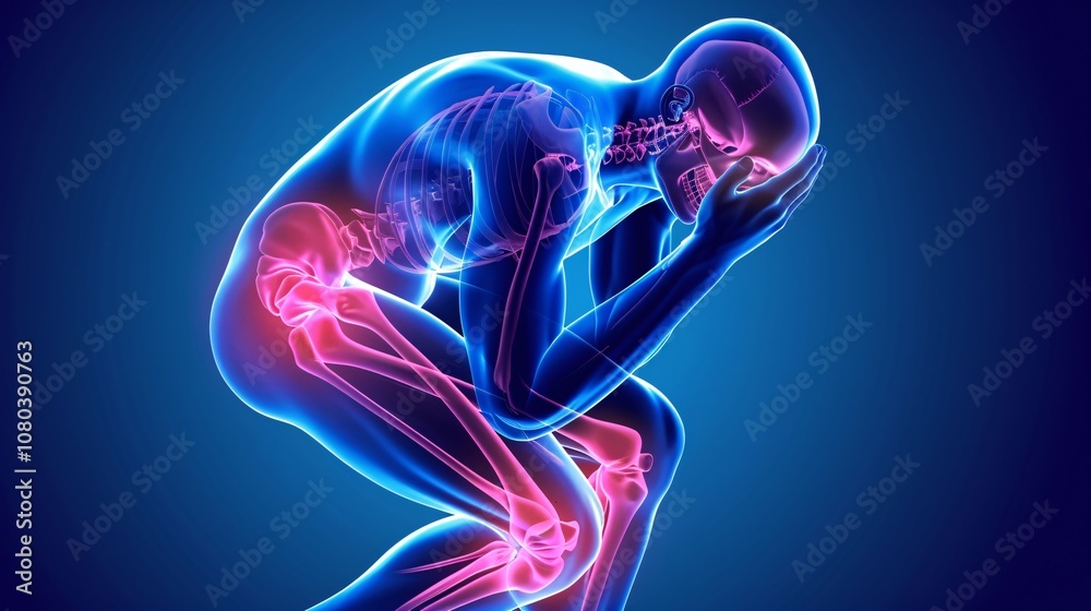 Glowing silhouette of a pained human skeleton figure expressing aching injury or medical condition Abstract conceptual image exploring the idea of physical pain suffering Glowing silhouette of a pained human skeleton figure expressing aching injury or medical condition Abstract conceptual image exploring the idea of physical pain suffering