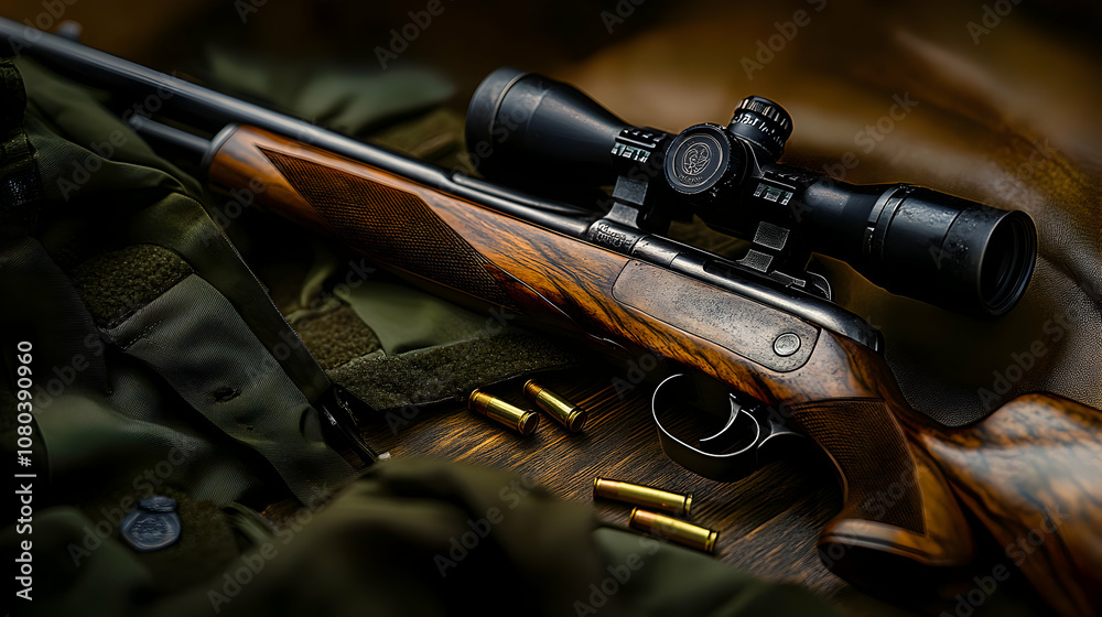 Obraz premium High-Quality Hunting Rifle with Scope, Resting on Wooden Surface near Ammunition and Gear