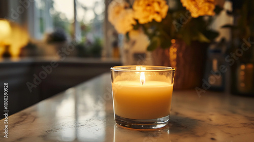 Close-up of a warm candle in a glass holder placed on a marble countertop.