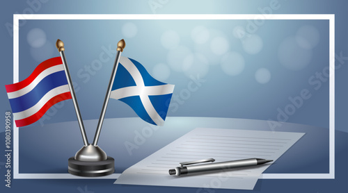 Thailand and Scotland Small national flag on bokeh background, cooperative relationship