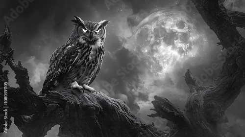 Majestic Owl Perched on a Gnarled Tree Branch Under a Dramatic Moonlit Sky, Creating an Enigmatic and Mystical Atmosphere in Monochrome Shades