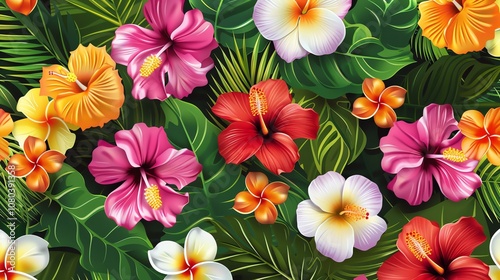 A vibrant and colorful tropical pattern with hibiscus flowers and lush green leaves.