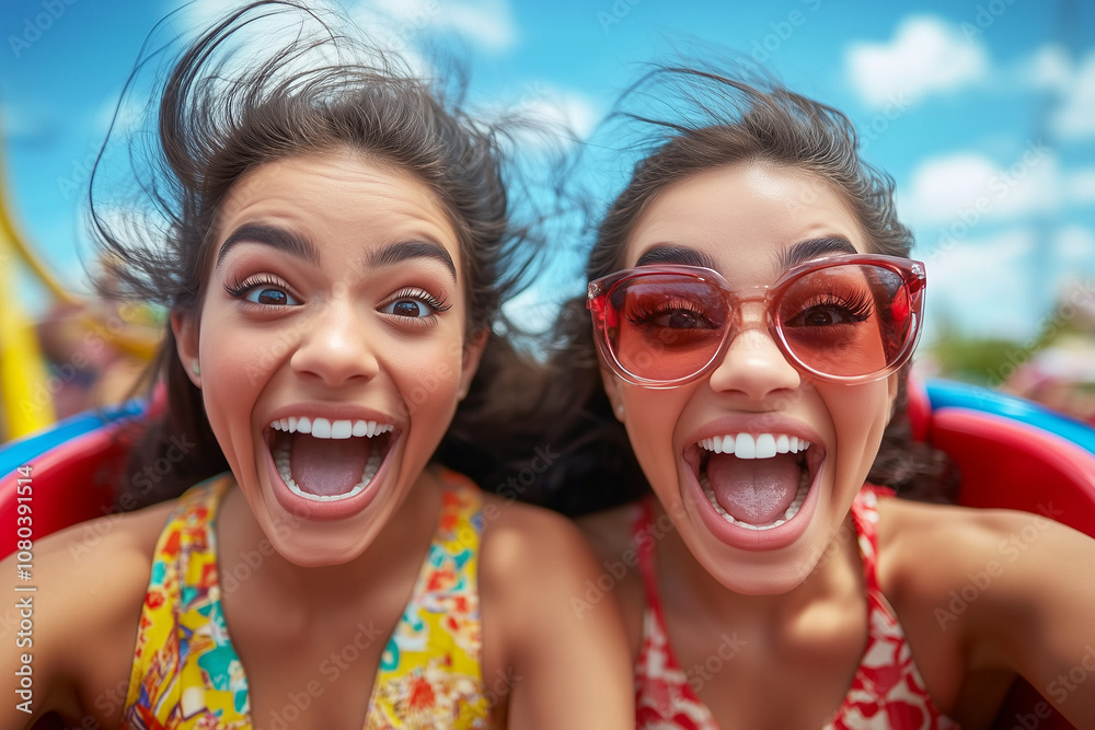Wide angle Portrait of two young Indian women excited and sitting on a roller coaster Wide angle Portrait of two young Indian women excited and sitting on a roller coaster