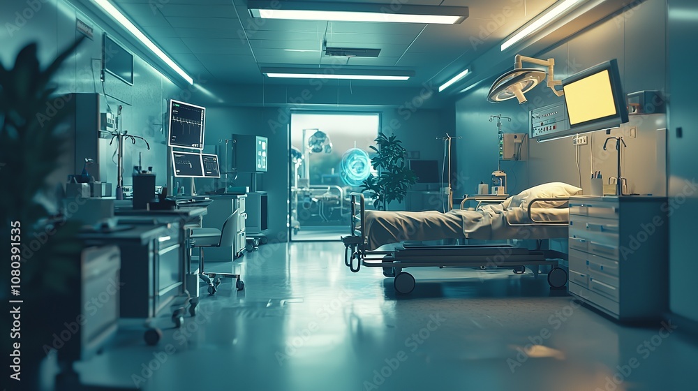A detailed digital rendering of an empty hospital intensive care unit, featuring modern medical equipment, clean lines