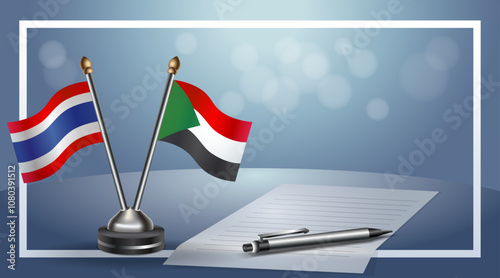 Thailand and Sudan Small national flag on bokeh background, cooperative relationship
