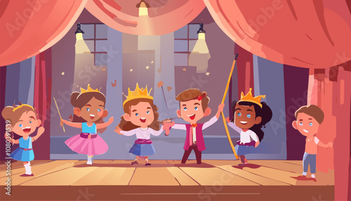 Little children acting in fairytale drama wearing costumes and crowns on stage. Vector illustration.