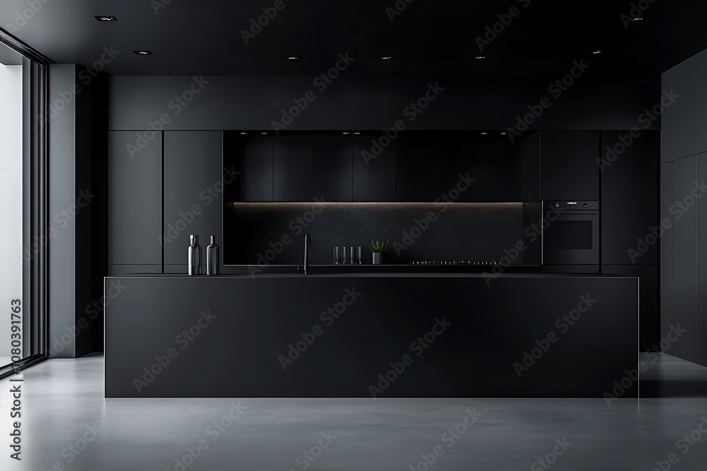 3D Rendering of a Sleek Black Kitchen with Minimalist Design and Elegant Finishes 3D Rendering of a Sleek Black Kitchen with Minimalist Design and Elegant Finishes