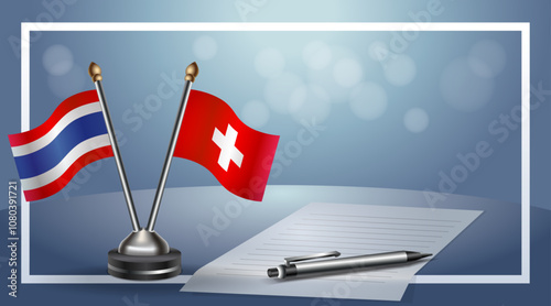 Thailand and Switzerland Small national flag on bokeh background, cooperative relationship