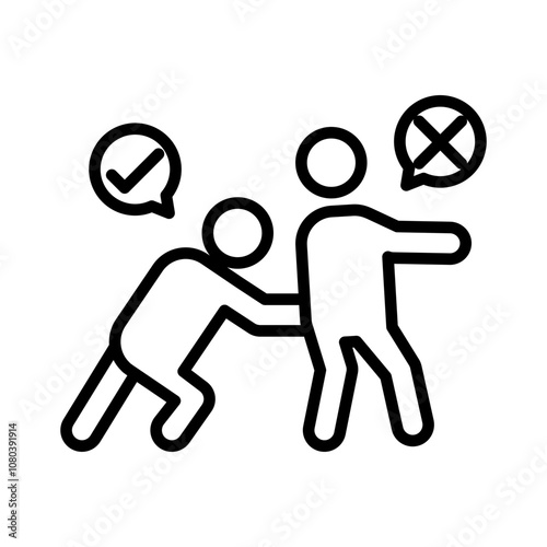 Man pushing another person icon linear logo mark in black and white