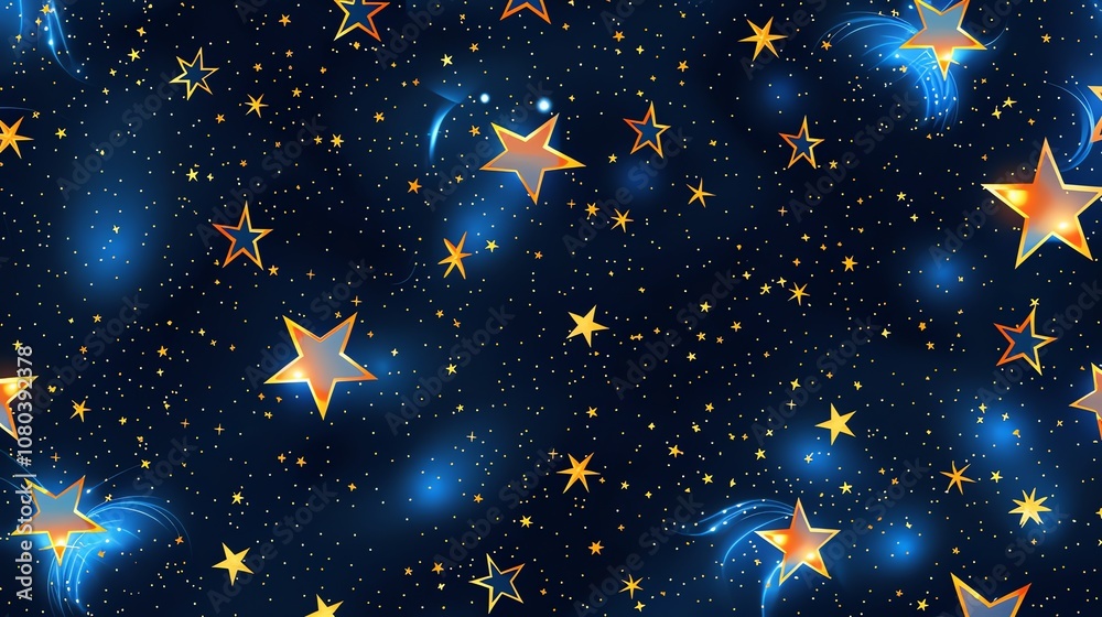 Fototapeta premium A seamless pattern of twinkling gold stars on a dark blue background.