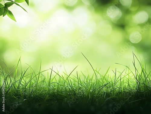 A serene green landscape with grass and soft bokeh background, evoking tranquility.