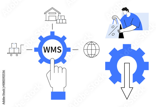 Hand pointing at WMS gear icon, warehouse with boxes, cart, globe, worker carrying bags, arrow gear. Ideal for logistics, automation, e-commerce inventory supply chain distribution operations