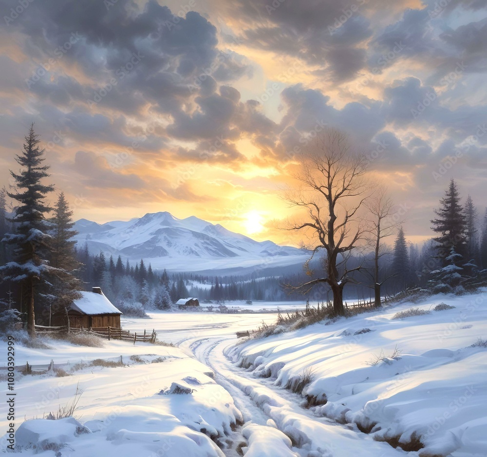 Illustration of winter snowy landscape with dramatic clouds. Illustration of winter snowy landscape with dramatic clouds.